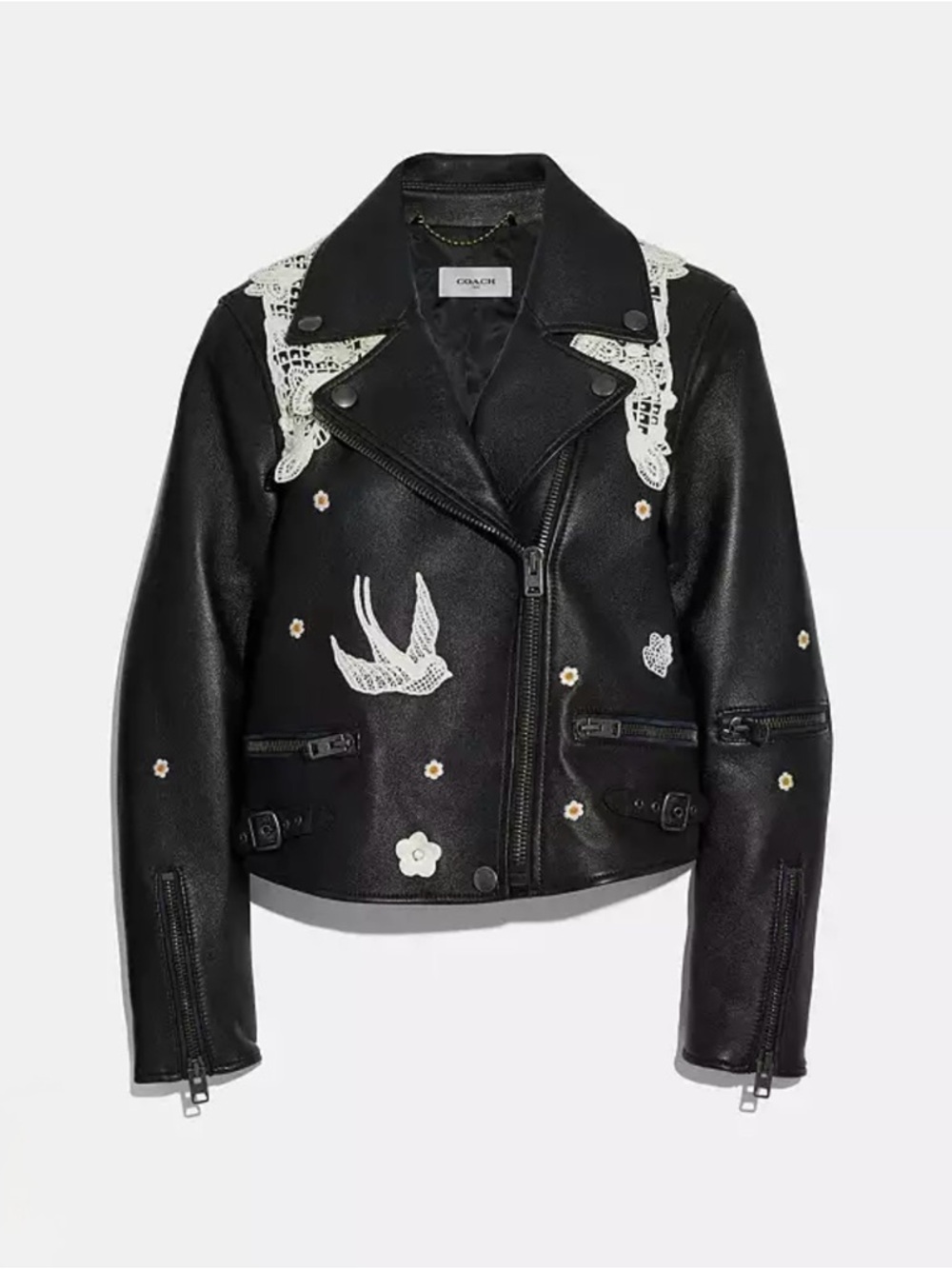 Coach Black Leather Moto Jacket with White Lace & Embroidered Details